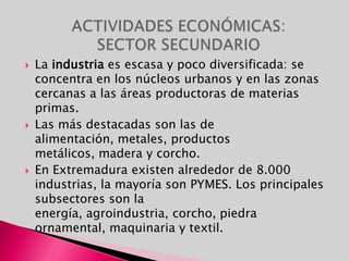 La industria es escasa y poco diversificada: se concentra en los núcleos urbanos y en las zonas cercanas a las áreas productoras de materias primas.Las más destacadas son las de alimentación, metales, productos metálicos, madera y corcho.En Extremadura existen alrededor de 8.000 industrias, la mayoría son PYMES. Los principales subsectores son la energía, agroindustria, corcho, piedra ornamental, maquinaria y textil.ACTIVIDADES ECONÓMICAS: SECTOR SECUNDARIO