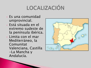 Establecida como Comunidad Autónoma bajo la Ley Orgánica 4/1982 del 9 de junio.Los fenicios ocuparon sus costas y explotaron sus minas. Cartagineses y romanos hicieron de Cartagena la capital de la provincia y el centro de su poder en España. El territorio fue posteriormente víctima de varias invasiones.A comienzos del siglo VIII fue invadida por los musulmanes hasta su reconquista en 1266 de manos de Jaime I. Pasada la Edad Media, Murcia floreció con el esplendor del barroco. Su división por razones legales en tres zonas, encomendadas a los señores eclesiásticos seculares, como recompensa por sus contribuciones a la Reconquista y a las órdenes militares se debe a Alfonso X. A partir de mediados del siglo XVIII, se empezó a sentir la necesidad de un plan de reformas que incluyera modificaciones institucionales. En 1789, Floridablanca inició una reforma que intentaba cumplir los requerimientos de una administración renovada. De acuerdo con la reforma constitucional de 1812, el reino de Murcia cambia su nombre por el de provincia de Murcia. HISTORIA