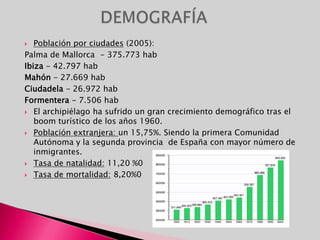 PITIUSAS: El archipiélago de las Pitiusas está formado por Eivissa (Ibiza) y Formentera y todos los islotes cercanos. Son tierras muy parecidas a las de Mallorca, puesto que se puede considerar a la isla de Ibiza como un tramo emergente de la sierra Tramuntana y a la isla de Formentera relacionada al Pla de Mallorca. Ibiza es la tercera isla balear, con una superficie de 540 km².  Su máxima altura es SaTalaiassa con 475 m de altura. La costa posee numerosas calas, sólo la bahía de Sant Antoni queda protegida de los vientos. Formentera es una isla plana de aproximadamente 82 km² que está formada por dos macizos elevados: La Mola (122 m) y el Cap de Barbaria (107 m).