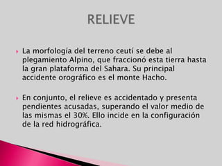 La morfología del terreno ceutí se debe al plegamiento Alpino, que fraccionó esta tierra hasta la gran plataforma del Sahara. Su principal accidente orográfico es el monte Hacho. En conjunto, el relieve es accidentado y presenta pendientes acusadas, superando el valor medio de las mismas el 30%. Ello incide en la configuración de la red hidrográfica.RELIEVE