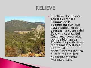 El relieve dominante son las extensas llanuras de la Submeseta Sur, que está dividida en dos cuencas: la cuenca del Tajo y la cuenca del Guadiana, separadas por los Montes de Toledo. La periferia es montañosa: Sistema Central al norte, Sistema Ibérico al este, y cordillera Subbética y Sierra Morena al sur.RELIEVE