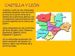 CASTILLA Y LEÓN
•Castilla y León es una comunidad
autónoma española cuyo territorio
se sitúa en la parte norte de la
meseta de la península Ibérica y se
corresponde mayoritariamente con
la parte española de la cuenca del
Duero.
•Esta compuesta por las provincias
de Ávila, Burgos, León, Palencia,
Salamanca, Segovia, Soria,
Valladolid y Zamora.
•Es la comunidad autónoma con
mayor extensión de España y la
tercera región más extensa de la
Unión Europea.
 
