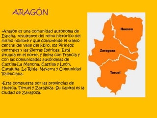ARAGÓN
•Aragón es una comunidad autónoma de
España, resultante del reino histórico del
mismo nombre y que comprende el tramo
central del valle del Ebro, los Pirineos
centrales y las Sierras Ibéricas. Está
situada en el norte, y limita con Francia y
con las comunidades autónomas de
Castilla-La Mancha, Castilla y León,
Cataluña. La Rioja, Navarra y Comunidad
Valenciana.
•Esta compuesta por las provincias de
Huesca, Teruel y Zaragoza. Su capital es la
ciudad de Zaragoza.
 