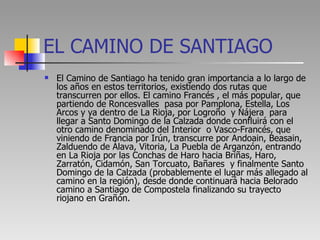 EL CAMINO DE SANTIAGO <ul><li>El Camino de Santiago ha tenido gran importancia a lo largo de los años en estos territorios...