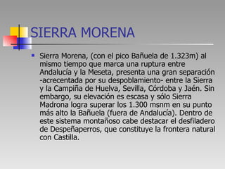 SIERRA MORENA <ul><li>Sierra Morena, (con el pico Bañuela de 1.323m) al mismo tiempo que marca una ruptura entre Andalucía...