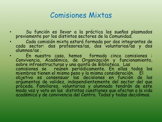 Comisiones Mixtas

•      Su función es llevar a la práctica los sueños plasmados
  previamente por los distintos sectores de la Comunidad.
•      Cada comisión mixta estará formada por dos integrantes de
  cada sector: dos profesores/as, dos voluntarios/as y dos
  alumnos/as .
•      En nuestro caso, hemos        formado cinco comisiones :
  Convivencia, Académica, de Organización y funcionamiento,
  sobre infraestructuras y una quinta de Biblioteca. Las
  comisiones se     reúnen periódicamente. En ellas todos los
  miembros tienen el mismo peso y la misma consideración. El
  objetivo es consensuar las decisiones en función de los
  argumentos de validez, independientemente del sector del que
  proceda. Familiares, voluntarios y alumnado tendrán de este
  modo voz y voto en las distintas cuestiones que afectan a la vida
  académica y de convivencia del Centro. Todos y todas decidimos.
 