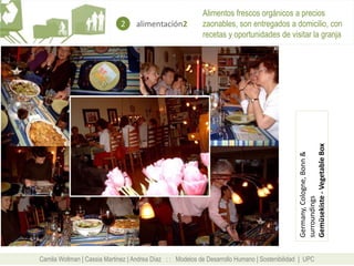 Alimentos frescos orgánicos a precios
                              2    alimentación2            zaonables, son entregados a domicilio, con
                                                            recetas y oportunidades de visitar la granja




                                                                                                Gemüsekiste - Vegetable Box
                                                                                                Germany, Cologne, Bonn &
                                                                                                surroundings
Camila Wollman | Cassia Martinez | Andrea Díaz : : Modelos de Desarrollo Humano | Sostenibilidad | UPC
 