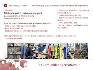3    Movilidad/ Trabajo        Personas que utilizan el intercambio de artículos deportivos.

Italy, Milan                                                  • Registro de vendedores (evita venta
MinimoImpatto – Minimum Impact                                bienes robados)
By Alessandro Galli, MinimoImpatto                            • Lleva lo que quiere vender
www.minimoimpatto.it                                          • Acordar precio y % comisión con la
                                                              tienda
Solución: Venta de bienes usados y taller de reparación       • Firma contracto 1 año
- Vendedores y compradores privados                           • Recibe el dinero cuando el articulo
- Espacio de exposición                                       sea vendido
- Las bicicletas son los artículos más comercializados

“para aprender el valor real del dinero en comparación con la importancia de una hora
contemplativa propia ".




                                         : : Comunidades creativas : :
 