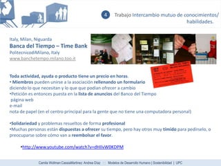 4      Trabajo Intercambio mutuo de conocimientos/
                                                                                                habilidades.


Italy, Milan, Niguarda
Banca del Tiempo – Time Bank
PolitecnicodiMilano, Italy
www.banchetempo.milano.too.it


Toda actividad, ayuda o producto tiene un precio en horas.
• Miembros pueden unirse a la asociación rellenando un formulario
diciendo lo que necesitan y lo que que podían ofrecer a cambio
•Petición es entonces puesta en la lista de anuncios del Banco del Tiempo
 página web
e-mail
nota de papel (en el centro principal para la gente que no tiene una computadora personal)

•Solidariedad y problemas resueltos de forma profesional
•Muchas personas están dispuestas a ofrecer su tiempo, pero hay otros muy tímido para pedírselo, o
preocuparse sobre cómo van a reembolsar el favor.

     •http://www.youtube.com/watch?v=dHIlvW0KDPM


               Camila Wollman|CassiaMartinez| Andrea Díaz : : Modelos de Desarrollo Humano | Sostenibilidad | UPC
 