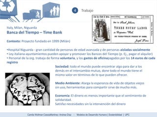 4      Trabajo



Italy, Milan, Niguarda
Banca del Tiempo – Time Bank
Contexto: Proyecto fundado en 1999 (Milán)

•Hospital Niguarda - gran cantidad de personas de edad avanzada y de personas aisladas socialmente
• Ley italiana-ayuntamientos pueden apoyar y promover los Bancos del Tiempo (p. Ej., pagar el alquiler)
• Personal de la org. trabaja de forma voluntaria, y los gastos de oficinapagados por los 14 euros de cada
registro
                                    Sociedad: todo el mundo puede encontrar algo para dar a los
                                    demás en el intercambio mutuo, done todo el mundo tiene el
                                    mismo valor en términos de lo que pueden ofrecer.

                                         Medio Ambiente: Alarga la esperanza de vida de objetos viejos
                                         sin uso, herramientas para compartir sirve de mucho más.

                                         Economía: El dinero es menos importante que el sentimiento de
                                         solidaridad.
                                         Satisfaz necesidades sin la intervención del dinero


               Camila Wollman|CassiaMartinez| Andrea Díaz : : Modelos de Desarrollo Humano | Sostenibilidad | UPC
 