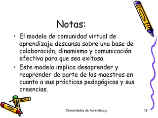 Notas: El modelo de comunidad virtual de aprendizaje descansa sobre una base de colaboración, dinamismo y comunicación efectiva para que sea exitosa. Este modelo implica desaprender y reaprender de parte de los maestros en cuanto a sus prácticas pedagógicas y sus creencias. Comunidades de Aprendizaje 