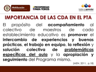 IMPORTANCIA DE LAS CDA EN EL PTA 
El propósito del acompañamiento al 
colectivo de maestros de cada 
establecimiento educativo es promover el 
intercambio de experiencias y buenas 
prácticas, el trabajo en equipo, la reflexión y 
solución colectiva de problemáticas 
específicas del aula y la apropiación y 
seguimiento del Programa mismo. 
(MEN, 2011, p.18) 
 