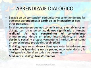 APRENDIZAJE DIALÓGICO. 
• Basada en un concepción comunicativa: se entiende que las 
personas aprendemos a partir de las interacciones con 
otras personas. 
• En el momento en que nos comunicamos, y entablamos un 
diálogo con otras personas, damos significado a nuestra 
realidad. Así que construimos el conocimiento 
primeramente desde un plano intersubjetivo, es decir, 
desde lo social; y progresivamente lo interiorizamos como 
un conocimiento propio (intrasubjetivo) 
• El diálogo que se establezca tiene que estar basado en una 
relación de igualdad y no de poder, reconociendo así, la 
inteligencia cultural en todas las personas. 
• Mediante el diálogo transformamos. 
LAURA E. GONZÁLEZ VALLEJO 
 