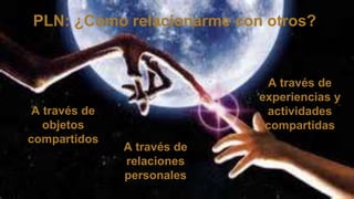 PLN: ¿Cómo relacionarme con otros?
A través de
experiencias y
actividades
compartidas
A través de
relaciones
personales
A través de
objetos
compartidos
 