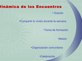 Dinámica de los Encuentros
                                  • Oración


        •Compartir lo vivido durante la semana


                           •Tema de formación


                                       •Misión


                 •Organización comunitaria


                        •Celebración
 