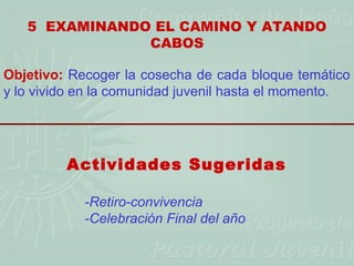 5 EXAMINANDO EL CAMINO Y ATANDO
               CABOS

Objetivo: Recoger la cosecha de cada bloque temático
y lo vivido en la comunidad juvenil hasta el momento.




         Actividades Sugeridas

            -Retiro-convivencia
            -Celebración Final del año
 