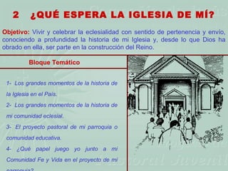 2   ¿QUÉ ESPERA LA IGLESIA DE MÍ?
Objetivo: Vivir y celebrar la eclesialidad con sentido de pertenencia y envío,
conociendo a profundidad la historia de mi Iglesia y, desde lo que Dios ha
obrado en ella, ser parte en la construcción del Reino.

          Bloque Temático


 1- Los grandes momentos de la historia de
 la Iglesia en el País.
 2- Los grandes momentos de la historia de
 mi comunidad eclesial.
 3- El proyecto pastoral de mi parroquia o
 comunidad educativa.
 4- ¿Qué papel juego yo junto a mi
 Comunidad Fe y Vida en el proyecto de mi
 