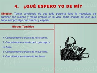 4.   ¿QUÉ ESPERO YO DE MÍ?
Objetivo: Tomar conciencia de que toda persona tiene la necesidad de
caminar con sueños y metas propias en la vida, como criatura de Dios que
tiene siempre algo que ofrecer y esperar.

            Bloque Temático



 1 Conociéndome a través de mis sueños.
 2 Conociéndome a través de lo que hago y
 no hago.
 3 Conociéndome a través de lo que imito.
 4 Conociéndome a través de los frutos.
 