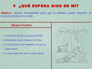 5  ¿QUÉ ESPERA DIOS DE MÍ?
Objetivo: Ofrecer herramientas para que la persona pueda descubrir el
proyecto de Dios en su vida.


          Bloque Temático



 1 La relación de Dios con sus criaturas.
 2 Mi relación, como criatura, con Dios.
 3 Lo que Dios me ha regalado y lo que yo
   estoy dando.
 4 Lo que puedo dar que no estoy dando.
 
