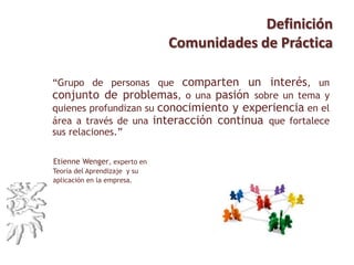 Definición
Comunidades de Práctica
“Grupo de personas que comparten un interés, un
conjunto de problemas, o una pasión sobre un tema y
quienes profundizan su conocimiento y experiencia en el
área a través de una interacción continua que fortalece
sus relaciones.”
Etienne Wenger, experto en
Teoría del Aprendizaje y su
aplicación en la empresa.
 
