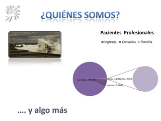 Ingresos , 54,600
Consultas, 739,039
Plantilla,
3,851
Other, 3,851
Pacientes Profesionales
Ingresos Consultas Plantilla
…. y algo más
 