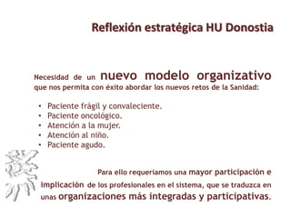 Reflexión estratégica HU Donostia
Necesidad de un nuevo modelo organizativo
que nos permita con éxito abordar los nuevos retos de la Sanidad:
• Paciente frágil y convaleciente.
• Paciente oncológico.
• Atención a la mujer.
• Atención al niño.
• Paciente agudo.
Para ello requeríamos una mayor participación e
implicación de los profesionales en el sistema, que se traduzca en
unas organizaciones más integradas y participativas.
 