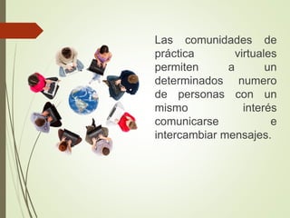 Las comunidades de
práctica virtuales
permiten a un
determinados numero
de personas con un
mismo interés
comunicarse e
intercambiar mensajes.