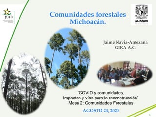1
Comunidades forestales
Michoacán.
“COVID y comunidades.
Impactos y vías para la reconstrucción”
Mesa 2: Comunidades Forestales
AGOSTO 24, 2020
Jaime Navia-Antezana
GIRA A.C.
 
