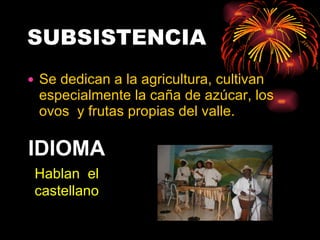 SUBSISTENCIA Se dedican a la agricultura, cultivan especialmente la caña de azúcar, los ovos  y frutas propias del valle. IDIOMA Hablan  el castellano 