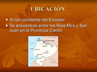 UBICACIÓN  Al nor-occidente del Ecuador Se encuentran entre los Ríos Mira y San Juan en la Provincia Carchi 