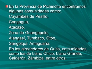En la Provincia de Pichincha encontramos algunas comunidades como: Cayambes de Pesillo,  Cangagua,  Atacazo. Zona de Guangopolo,  Alangasí, Tumbaco, Otón, Sangolquí, Amaguaña. En los alrededores de Quito, comunidades como los de Llano Chico, Llano Grande, Calderón, Zámbiza, entre otros. 