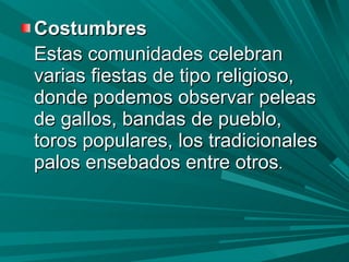 Costumbres Estas comunidades celebran varias fiestas de tipo religioso, donde podemos observar peleas de gallos, bandas de pueblo, toros populares, los tradicionales palos ensebados entre otros .  