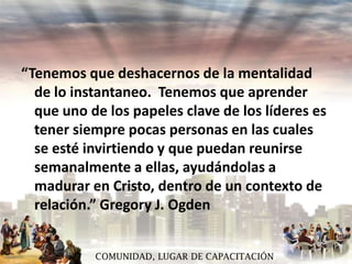 “Tenemos que deshacernos de la mentalidad
de lo instantaneo. Tenemos que aprender
que uno de los papeles clave de los líderes es
tener siempre pocas personas en las cuales
se esté invirtiendo y que puedan reunirse
semanalmente a ellas, ayudándolas a
madurar en Cristo, dentro de un contexto de
relación.” Gregory J. Ogden
COMUNIDAD, LUGAR DE CAPACITACIÓN

 