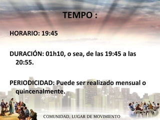 TEMPO :
HORARIO: 19:45
DURACIÓN: 01h10, o sea, de las 19:45 a las
20:55.
PERIODICIDAD: Puede ser realizado mensual o
quincenalmente.

COMUNIDAD, LUGAR DE MOVIMIENTO

 