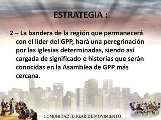 ESTRATEGIA :
2 – La bandera de la región que permanecerá
con el líder del GPP, hará una peregrinación
por las iglesias determinadas, siendo así
cargada de significado e historias que serán
conocidas en la Asamblea de GPP más
cercana.

COMUNIDAD, LUGAR DE MOVIMIENTO

 