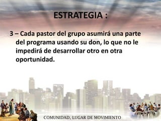 ESTRATEGIA :
3 – Cada pastor del grupo asumirá una parte
del programa usando su don, lo que no le
impedirá de desarrollar otro en otra
oportunidad.

COMUNIDAD, LUGAR DE MOVIMIENTO

 