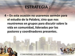 ESTRATEGIA :
4 – En esta ocasión no usaremos sermón para
el estudio de la Palabra, sino que nos
reuniremos en grupos para discutir sobre la
vida en comunidad, liderados por los
pastores y coordinadores presentes.

COMUNIDAD, LUGAR DE MOVIMIENTO

 