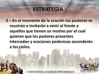 ESTRATEGIA :
5 – En el momento de la oración los pastores se
reunirán e invitarán a venir al frente a
aquellos que tienen un motivo por el cual
quieren que los pastores presentes
intercedan y oraciones poderosas ascenderán
a los cielos.

COMUNIDAD, LUGAR DE MOVIMIENTO

 