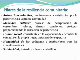 • Autoestima colectiva, que involucra la satisfacción por la
pertenencia a la propia comunidad
• Identidad cultural, proceso de incorporación de
costumbres, valores, danzas, canciones, etcétera,
proporcionando la sensación de pertenencia
• Humor social, consistente en la capacidad de encontrar la
comedia en la propia tragedia para poder superarla
• Honestidad de los gobiernos e instituciones con los
vínculos sociales
• Solidaridad, fruto de un lazo social sólido
Pilares de la resiliencia comunitaria:
5
 