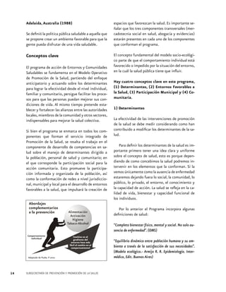 Adelaida, Australia (1988)
Se definió la política pública saludable a aquella que
se propone crear un ambiente favorable para que la
gente pueda disfrutar de una vida saludable.

Conceptos clave
El programa de acción de Entornos y Comunidades
Saludables se fundamenta en el Modelo Operativo
de Promoción de la Salud, partiendo del enfoque
anticipatorio y actuando sobre los determinantes
para lograr la efectividad desde el nivel individual,
familiar y comunitario, persigue facilitar los procesos para que las personas puedan mejorar sus condiciones de vida. Al mismo tiempo pretende establecer y fortalecer las alianzas entre las autoridades
locales, miembros de la comunidad y otros sectores,
indispensables para mejorar la salud colectiva.
Si bien el programa se enmarca en todos los componentes que forman el servicio integrado de
Promoción de la Salud, se resalta el trabajo en el
componente de desarrollo de competencias en salud sobre el manejo de determinantes dirigido a
la población, personal de salud y comunitario; en
el que corresponde la participación social para la
acción comunitaria. Esto promueve la participación informada y organizada de la población, así
como la conformación de redes a nivel jurisdiccional, municipal y local para el desarrollo de entornos
favorables a la salud, que impulsará la creación de

espacios que favorezcan la salud. Es importante señalar que los tres componentes transversales (mercadotecnia social en salud, abogacía y evidencias)
estarán presentes en cada uno de los componentes
que conforman el programa.
El concepto fundamental del modelo socio-ecológico parte de que el comportamiento individual está
favorecido o impedido por la situación del entorno,
en la cuál la salud pública tiene que influir.
Hay cuatro conceptos clave en este programa,
(1) Determinantes, (2) Entornos Favorables a
la Salud, (3) Participación Municipal y (4) Comunitaria.
1) Determinantes
La efectividad de las intervenciones de promoción
de la salud se debe medir considerando como han
contribuido a modificar los determinantes de la salud.
Para definir los determinantes de la salud es importante primero tener una idea clara y uniforme
sobre el concepto de salud, esto es porque dependiendo de como concebimos la salud podremos intervenir en los elementos que la conforman. Si la
vemos únicamente como la ausencia de enfermedad
estaremos dejando fuera lo social, la comunidad, lo
público, lo privado, el entorno, el conocimiento y
la capacidad de acción. La salud se refleja en la calidad de vida, bienestar y capacidad funcional de
los individuos.
Por lo anterior el Programa incorpora algunas
definiciones de salud:
“Completo bienestar físico, mental y social. No solo ausencia de enfermedad”. (OMS)
“Equilibrio dinámico entre población humana y su ambiente a través de la satisfacción de sus necesidades”.
(Modelo ecológico.- Armijo R. R. Epidemiología. Intermédica, Edit. Buenos Aires)

14

SUBSECRETARÍA DE PREVENCIÓN Y PROMOCIÓN DE LA SALUD

 