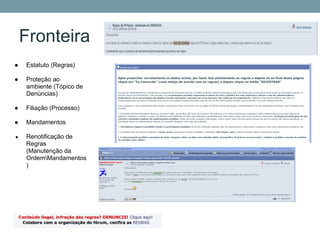 Fronteira
●   Estatuto (Regras)

●   Proteção ao
    ambiente (Tópico de
    Denúncias)

●   Filiação (Processo)

●   Mandamentos

●   Renotificação de
    Regras
    (Manutenção da
    OrdemMandamentos
    )
 