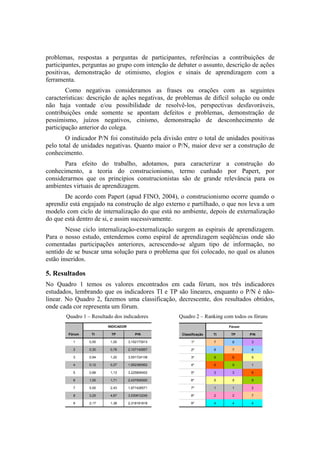 problemas, respostas a perguntas de participantes, referências a contribuições de
participantes, perguntas ao grupo com intenção de debater o assunto, descrição de ações
positivas, demonstração de otimismo, elogios e sinais de aprendizagem com a
ferramenta.
        Como negativas consideramos as frases ou orações com as seguintes
características: descrição de ações negativas, de problemas de difícil solução ou onde
não haja vontade e/ou possibilidade de resolvê-los, perspectivas desfavoráveis,
contribuições onde somente se apontam defeitos e problemas, demonstração de
pessimismo, juízos negativos, cinismo, demonstração de desconhecimento de
participação anterior do colega.
        O indicador P/N foi constituído pela divisão entre o total de unidades positivas
pelo total de unidades negativas. Quanto maior o P/N, maior deve ser a construção de
conhecimento.
       Para efeito do trabalho, adotamos, para caracterizar a construção do
conhecimento, a teoria do construcionismo, termo cunhado por Papert, por
considerarmos que os princípios construcionistas são de grande relevância para os
ambientes virtuais de aprendizagem.
       De acordo com Papert (apud FINO, 2004), o construcionismo ocorre quando o
aprendiz está engajado na construção de algo externo e partilhado, o que nos leva a um
modelo com ciclo de internalização do que está no ambiente, depois de externalização
do que está dentro de si, e assim sucessivamente.
        Nesse ciclo internalização-externalização surgem as espirais de aprendizagem.
Para o nosso estudo, entendemos como espiral de aprendizagem seqüências onde são
comentadas participações anteriores, acrescendo-se algum tipo de informação, no
sentido de se buscar uma solução para o problema que foi colocado, no qual os alunos
estão inseridos.

5. Resultados
No Quadro 1 temos os valores encontrados em cada fórum, nos três indicadores
estudados, lembrando que os indicadores TI e TP são lineares, enquanto o P/N é não-
linear. No Quadro 2, fazemos uma classificação, decrescente, dos resultados obtidos,
onde cada cor representa um fórum.
       Quadro 1 – Resultado dos indicadores        Quadro 2 – Ranking com todos os fóruns
                         INDICADOR                                       Fórum

        Fórum     TI      TP            P/N         Classificação   TI    TP     P/N

          1      0,55     1,00       3,152173913         1º         7     8       3

          2      0,30     0,76       2,107142857         2º         8     7       8

          3      0,94     1,20       3,551724138         3º         9     6       5

          4      0,12     0,27       1,952380952         4º         6     9       1

          5      0,88     1,13       3,225806452         5º         3     3       6

          6      1,00     1,71       2,437500000         6º         5     5       9

          7      5,00     2,43       1,971428571         7º         1     1       2

          8      3,25     4,67       3,530612245         8º         2     2       7

          9      2,17     1,38       2,318181818         9º         4     4       4
 