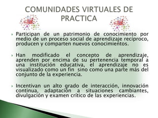 Participan de un patrimonio de conocimiento por medio de un proceso social de aprendizaje recíproco, producen y comparten nuevos conocimientos.Han modificado el concepto de aprendizaje,  aprenden por encima de su pertenencia temporal a una institución educativa, el aprendizaje no es visualizado como un fin  sino como una parte más del conjunto de la experiencia.Incentivan un alto grado de interacción, innovación continua, adaptación a situaciones cambiantes, divulgación y examen crítico de las experiencias.COMUNIDADES VIRTUALES DE PRACTICA