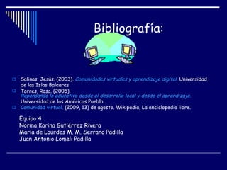 Bibliografía: Salinas, Jesús. (2003).  Comunidades virtuales y aprendizaje digital.  Universidad de las Islas Baleares  Torres, Rosa. (2005).  Repensando lo educativo desde el desarrollo local y desde el aprendizaje.   Universidad de las Américas Puebla.  Comunidad virtual.  (2009, 13) de agosto. Wikipedia, La enciclopedia libre.  Equipo 4 Norma Karina Gutiérrez Rivera María de Lourdes M. M. Serrano Padilla Juan Antonio Lomeli Padilla 