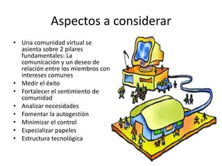 Aspectos a considerar
• Una comunidad virtual se
  asienta sobre 2 pilares
  fundamentales: La
  comunicación y un deseo de
  relación entre los miembros con
  intereses comunes
• Medir el éxito
• Fortalecer el sentimiento de
  comunidad
• Analizar necesidades
• Fomentar la autogestión
• Minimizar el control
• Especializar papeles
• Estructura tecnológica
 