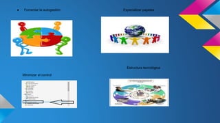 ● Fomentar la autogestión Especializar papeles
Estructura tecnológica
Minimizar el control
 