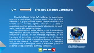 CVA
Cuando hablamos de las CVA, hablamos de una propuesta
educativa comunitaria cuyo ámbito de referencia es, no sólo, la
sociedad local y que parte del supuesto de que toda comunidad
humana posee recursos, agentes, instituciones y redes de
aprendizaje operando que pueden ayudar al desarrollo personal y
social con una adecuada organización.
Son premisas básicas las relativas a que la educación es
responsabilidad de todos, no sólo se realiza en el sistema escolar,
comunidad y escuela no son entidades separadas, es más
importante el aprendizaje que la educación por sí misma, el
aprendizaje no tiene edad, el aprendizaje debe de ser significativo
para el que aprende, el diálogo, la acción y la solidaridad
intergeneracional e intersujetos facilita el aprendizaje, y todas las
personas son potencialmente alumnos y profesores.
Propuesta Educativa Comunitaria
Imagen extraida de:
http://es.slideshare.net/Blancasaris/co
munidades-virtuales-de-aprendizaje
 