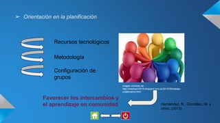 ➢ Orientación en la planificación
Recursos tecnológicos
Metodología
Configuración de
grupos
Favorecer los intercambios y
el aprendizaje en comunidad Hernández, N., González, M. y
otros. (2013)
Imagen extraida de:
http://medioam2015.blogspot.com.ar/2015/05/trabajo-
colaborativo.html
 
