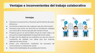 Ventajas
● Favorece la autonomía y favorece sentimientos de auto-
eficiancia.
● Aumenta la retención de cualquier tipo de información
● Favorece que entre los alumnos se compartan trabajos
con otros de la misma escuela de manera virtual.
● Propicia que en la comunidad virtual se creen roles y se
encuentre responsabilidad compartida entre todos.
● El logro de los objetivos es cualitativo ya que se crea un
contenido de calidad, con ideas que son exactas,
además de soluciones.
● Existe una interacción, mediante los procesos de
comunicación e interacción social.
● Desarrolla habilidades de autodescubrimiento.
Ventajas e inconvenientes del trabajo colaborativo
 