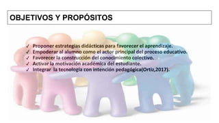 OBJETIVOS Y PROPÓSITOS
✔ Proponer estrategias didácticas para favorecer el aprendizaje.
✔ Empoderar al alumno como el actor principal del proceso educativo.
✔ Favorecer la construcción del conocimiento colectivo.
✔ Activar la motivación académica del estudiante.
✔ Integrar la tecnología con intención pedagógica(Ortiz,2017).
 